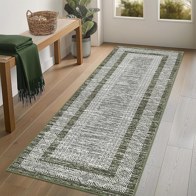 GarveeHome 2x6 Modern Bordered Runner Rug Soft Non Slip Runner Washable Non