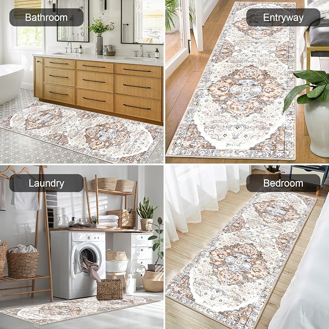 HEBE Hallway Runner Rug 2'x6' Washable Vintage Distressed Area Rugs Non Slip