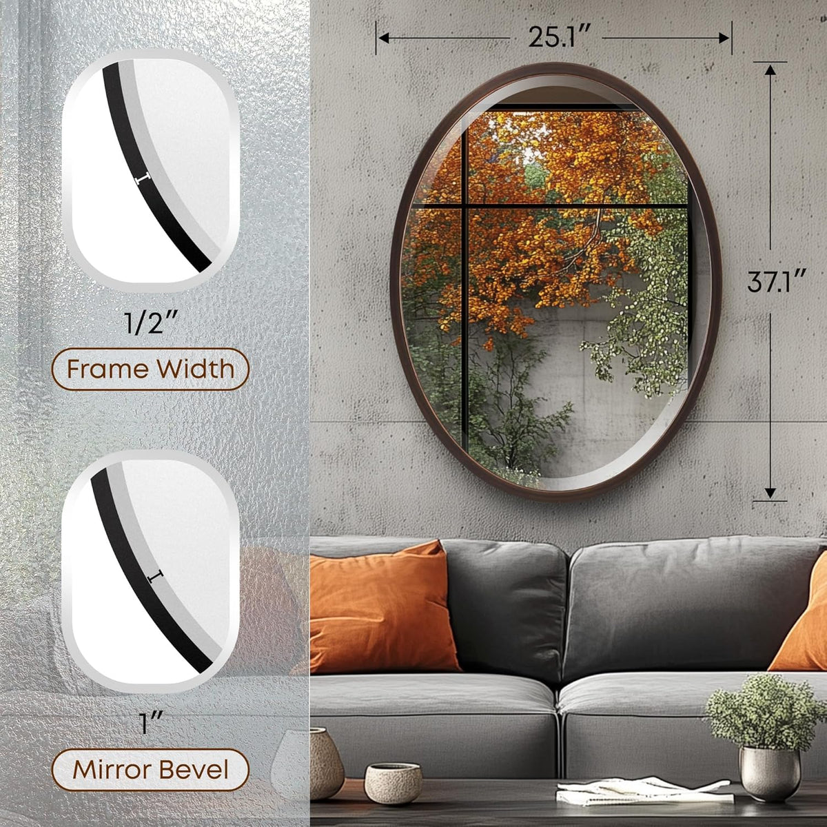 OVALCREST - Oval Wooden Beveled Wall Mirror for Home Decor, Bathroom, Vanity, Bedroom, Living Room, Hallway - London Style (Rubbed Bronze) 25.1 x 37.1