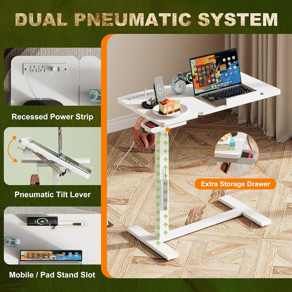 Standing Desk, Medical Overbed Table with Rolling Tray and Power Outlet, Dual Pneumatic Angle and Height Adjustable Desk, Portable Side Table with Drawer, Home & Hospital Use, White