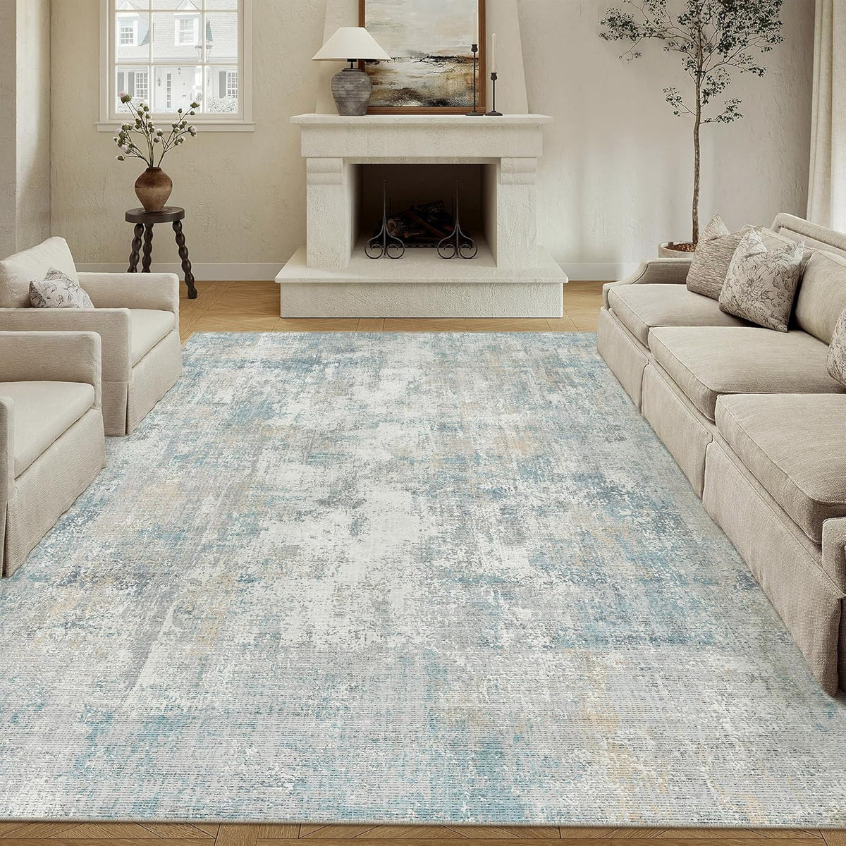 8x10 Washable Area Rug Blue Cream Modern Neutral Abstract Living Room Bedroom Indoor Floor Carpet Low Pile Soft Non-Slip Lightweight Vacuumable Large Throw Rug for Nursery Dining Room
