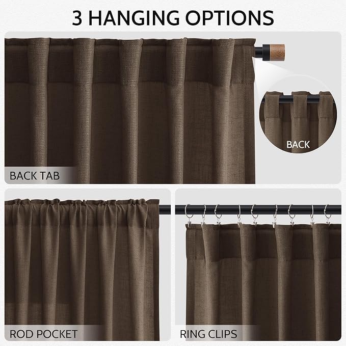 Nanspring Chocolate Linen Blend Light Filtering Back Tab Curtains 96 Inches Long