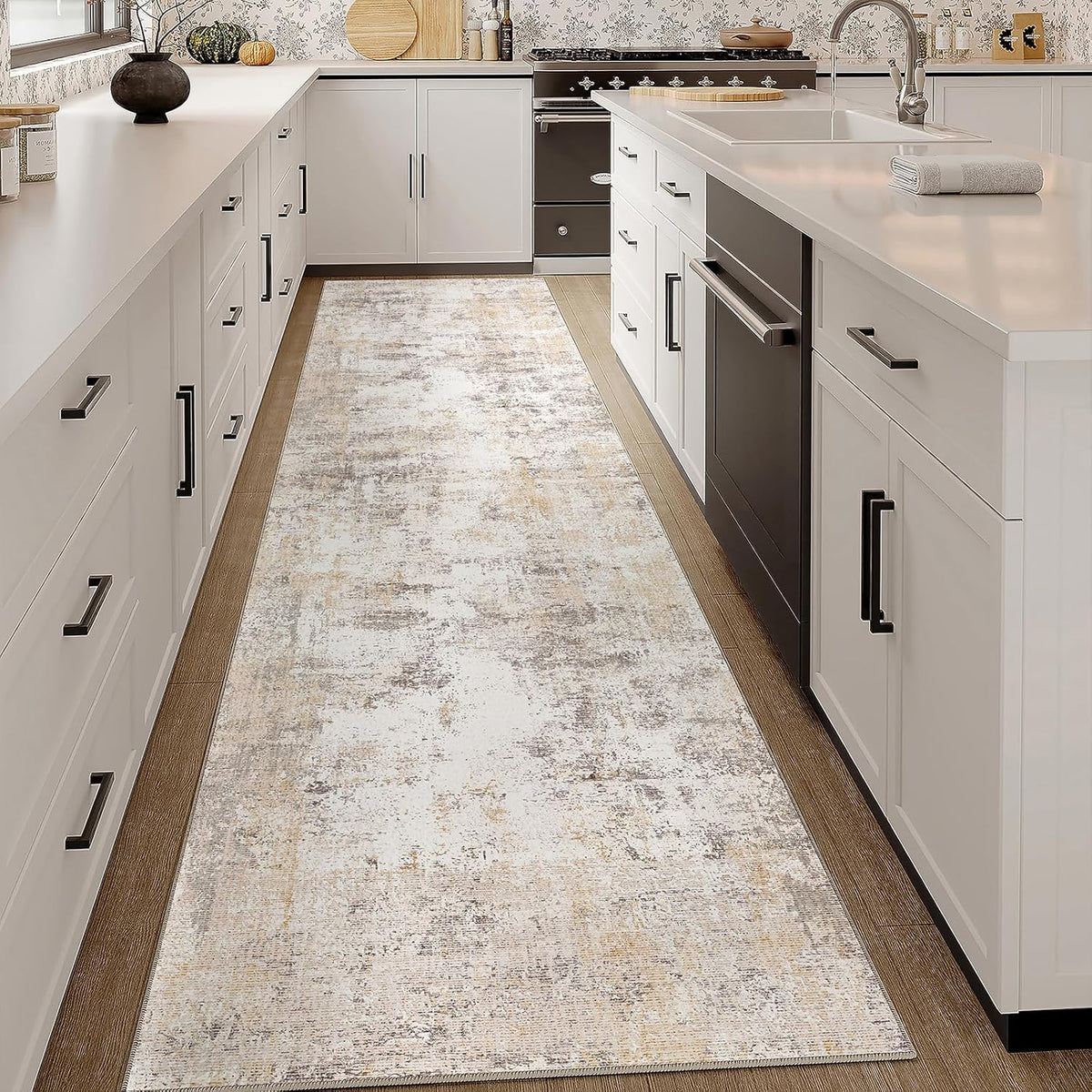 3x10 Washable Runner Rug Beige Grey Neutral Abstract Hallway Kitchen Living Room Bedroom Non Slip Throw Rug Soft Low Pile Indoor Carpet for Entrance Laundry Bathroom