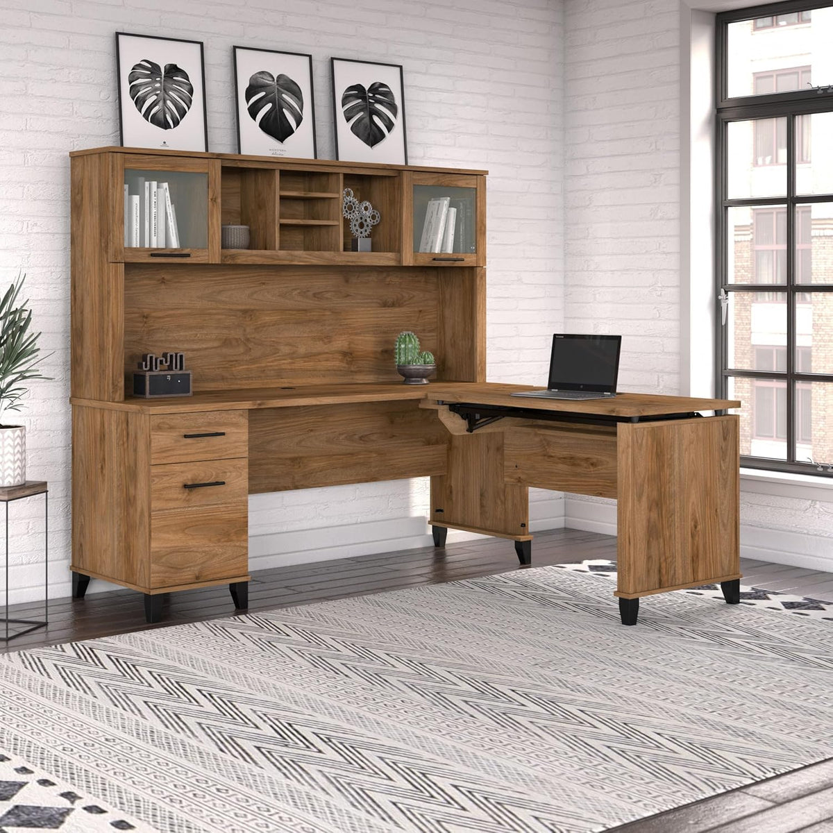 Bush Furniture Somerset 72W 3 Position Sit to Stand L Shaped Desk with Hutch in Fresh Walnut Adjustable Height Table for Home Office