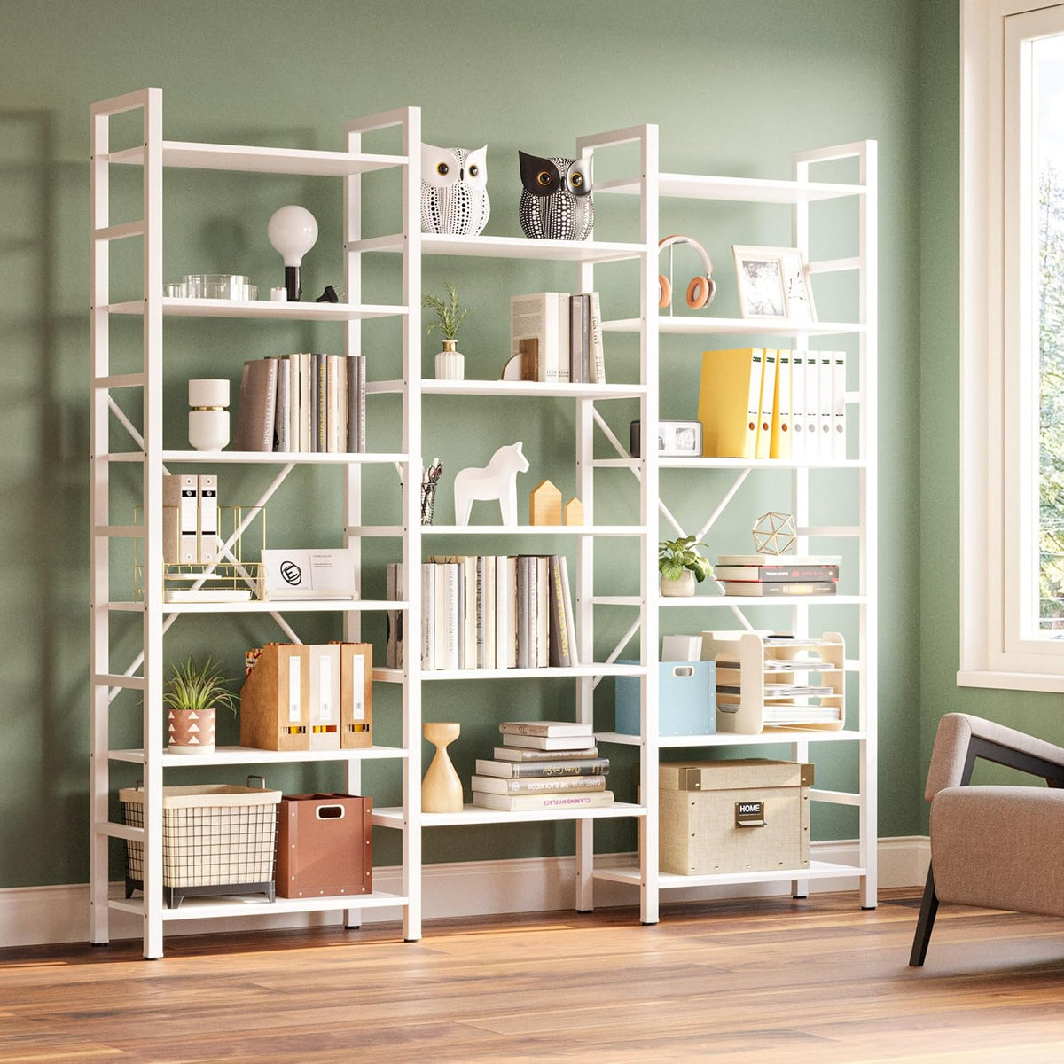 IRONCK Bookshelves 6 Tiers Triple Wide Industrial Bookshelf, Large Etagere Bookshelf Open Display Shelves with Metal Frame for Living Room Bedroom Home Office