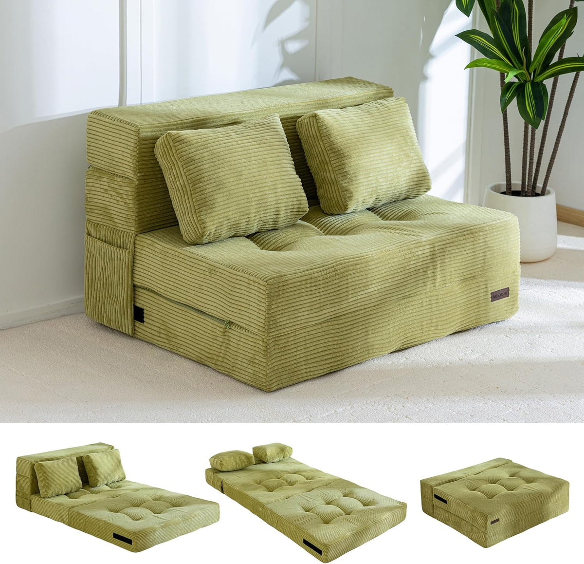 MAXYOYO Convertible Sofa Bed, Fold Out Loveseat Sleeper Sofa with Pillow, 4 in 1 Tufted Folding Couch Bed Foam Floor Couch, Lazy Chair for Living Room Bedroom Guest Room, Green