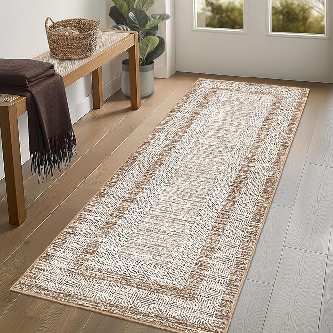GarveeHome 2x6 Modern Bordered Runner Rug Soft Non Slip Runner Washable Non