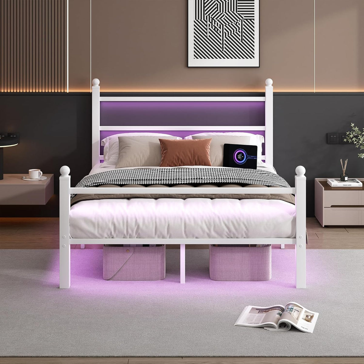 Queen Bed Frame with Headboard and Footboard,Steel Slats Support-LED Bed Frame with USB Charging Station,Mattress Foundation-Under Bed Storage,No Box Spring Needed,Noise Free,White