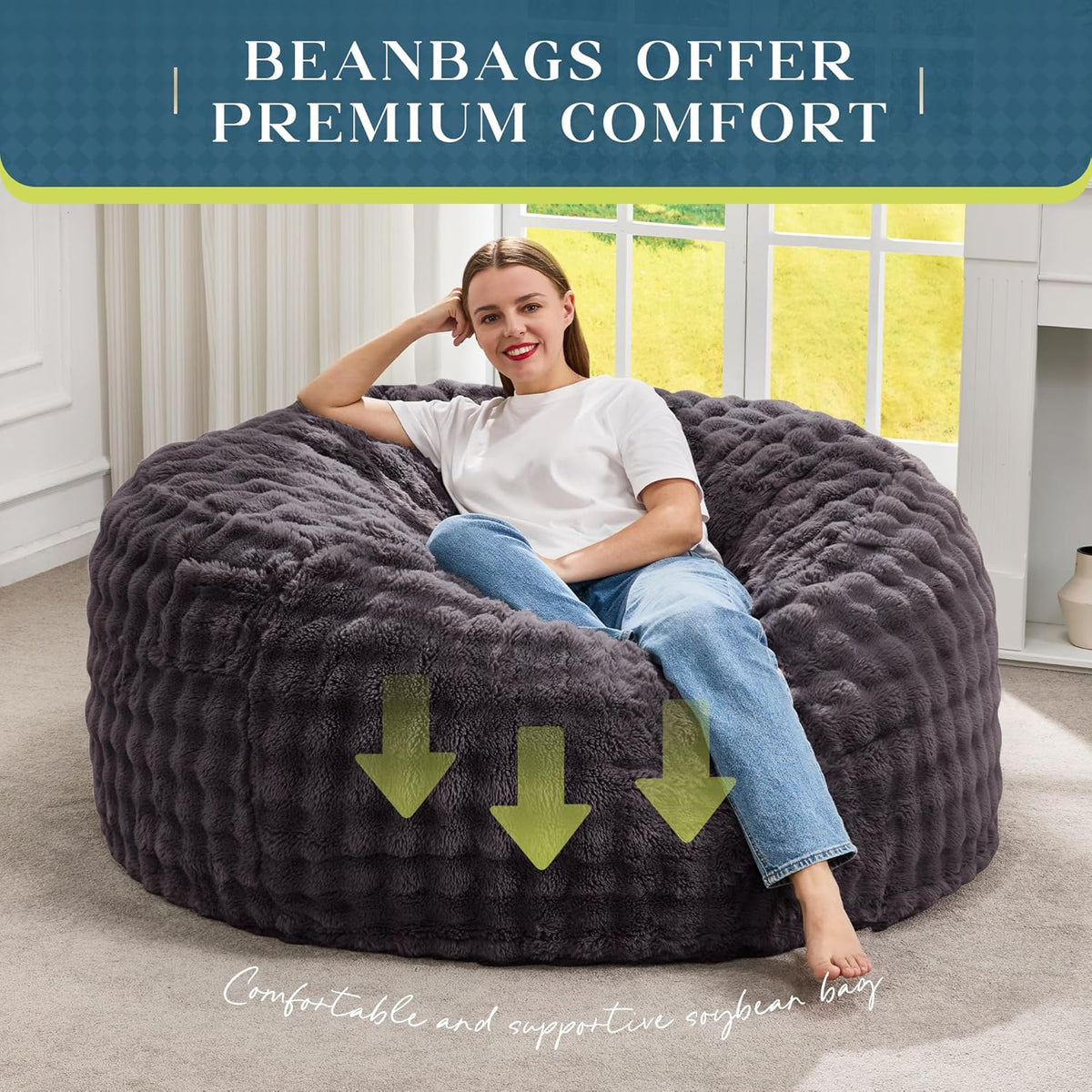 Hobestluk Bean Bag Chairs 4ft Beanbag Chair with Filler Adult Bean Bags with Fluffy & Machine Washable Cover, Giant Bean Bag Chairs for Adults (Dark Grey, 4FT-44" x 44" x 24")