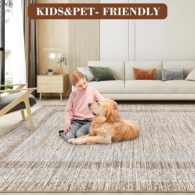 GarveeHome 9x12 Large Modern Brown Area Rug Distressed Bordered Rug Soft Non
