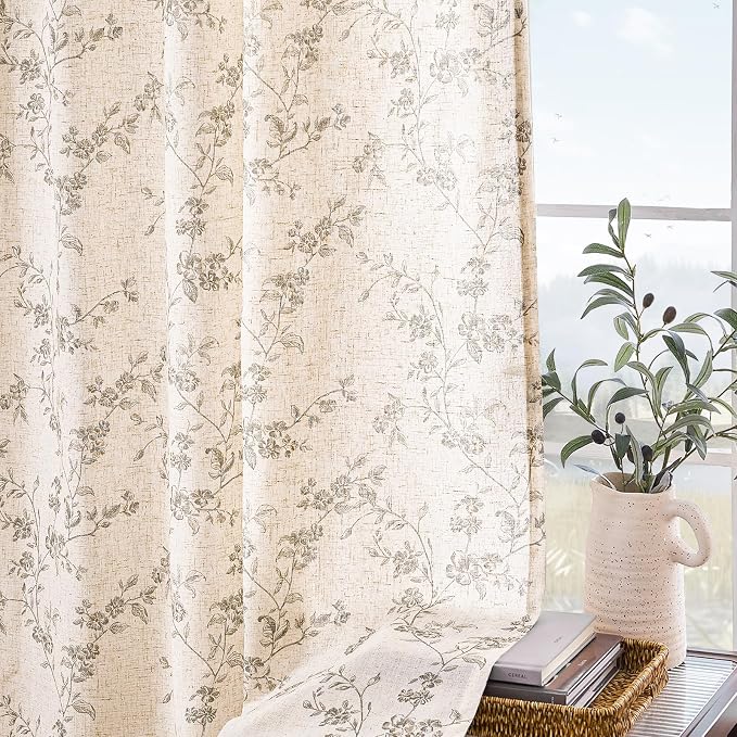 Lazzzy Grey Floral Linen Curtains 84 Inch Length Farmhouse Curtain Back Tab