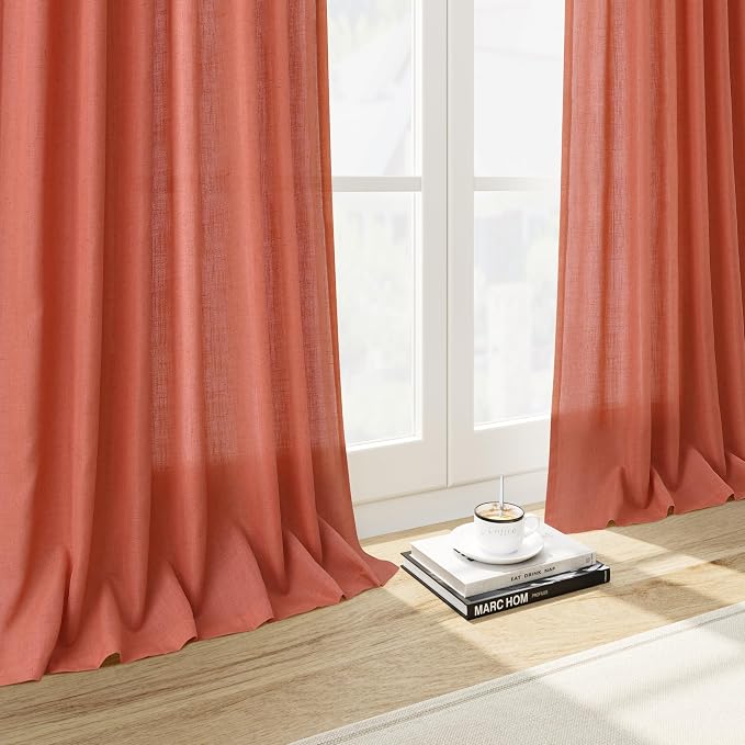 Nanspring Coral Linen Curtains 120 Inches Long 2 Panels Set Back Tab Loop