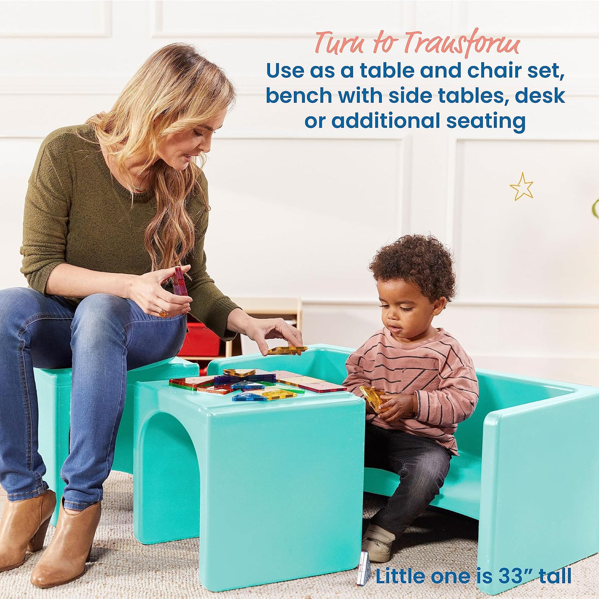 ECR4Kids Tri-Me Table and Cube Chair Set, Multipurpose Furniture, Aqua, 3-Piece