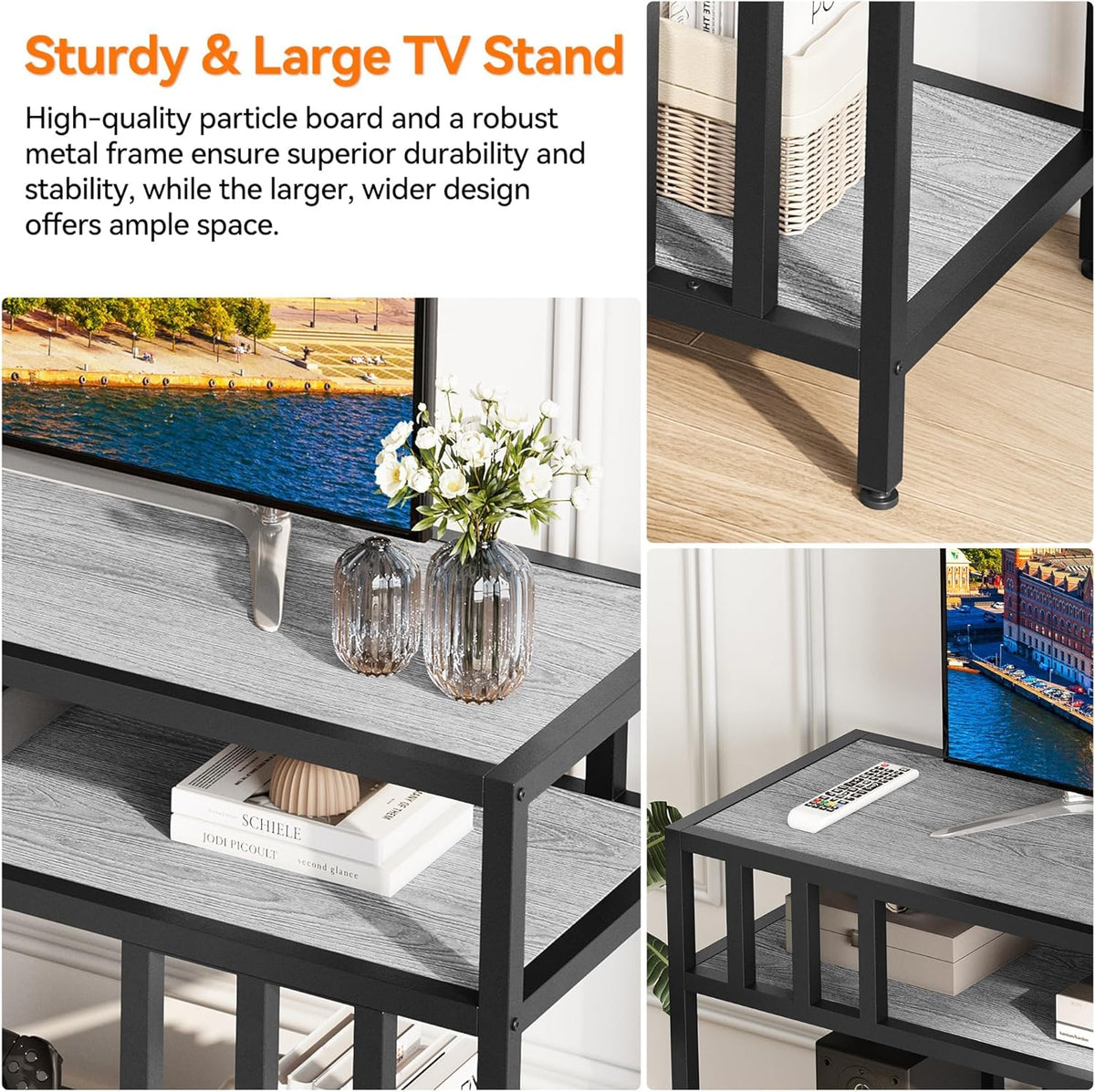 Garvee 58" TV Stand for Television up to 65 Inch, Entertainment Center with 3-Tier Open Shelves, TV Media Console Table Quadruple-Tube Support for Living Room, Entryway, Grey