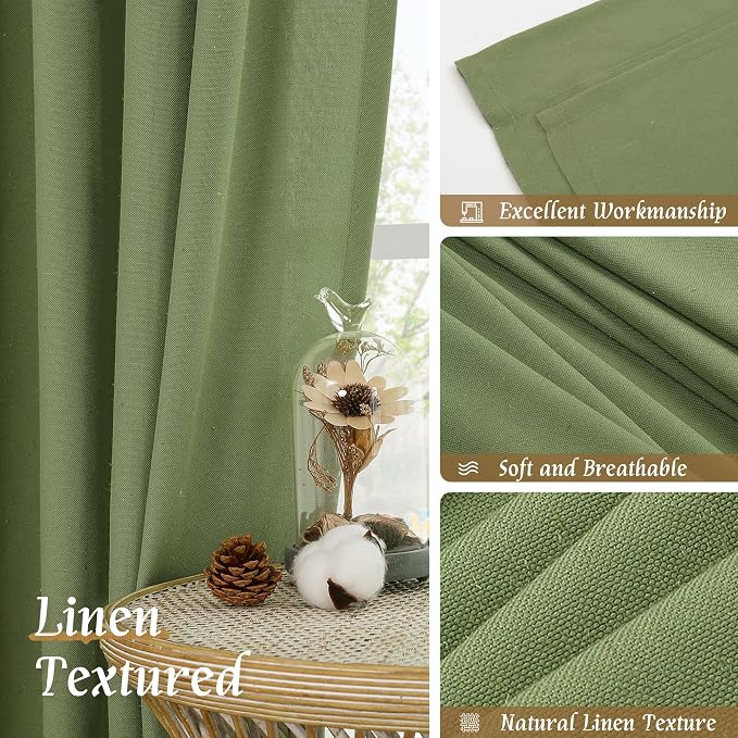 LAMIT Green Linen Curtains for Bedroom, Faux Linen Textured Light Filtering