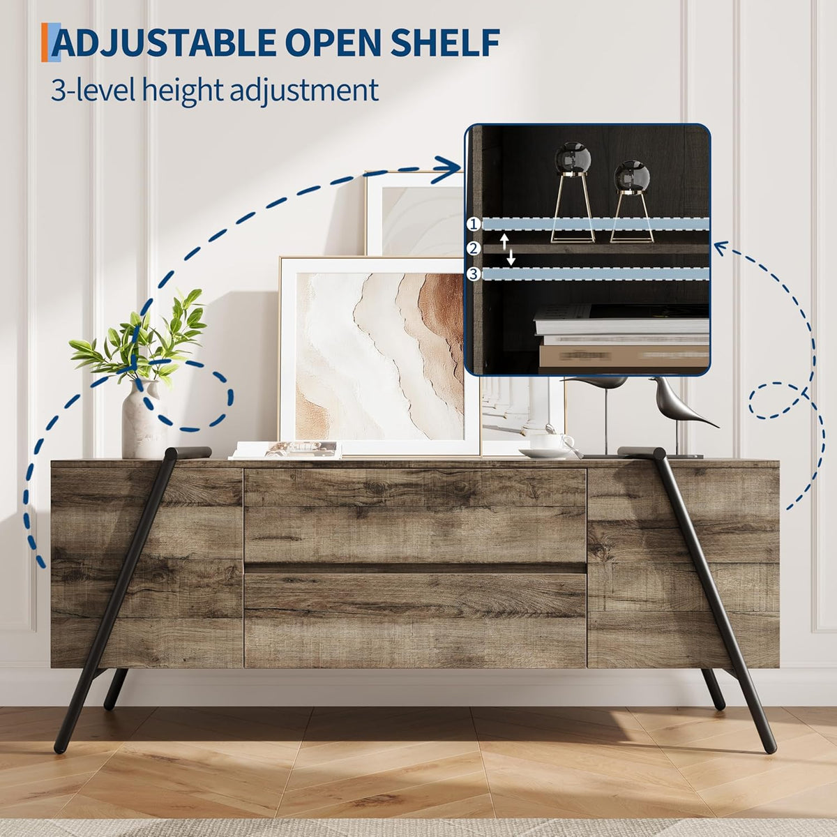 GarveeHome 55" Modern TV Stand, Entertainment Center with 2 Drawers, Adjustable Shelves, U-Shaped Metal Legs, Farmhouse Wooden TV Console for Living Room and Bedroom, Oak