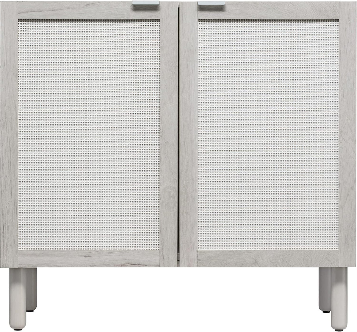 Sango Orre 2-Door Cabinet, Modern Sand Storage Cabinet with Synthetic Rattan Door Panels, Adjustable Shelf, Cylindrical Wood Legs, Discreet Finger Pulls, Elegant Furniture for Living or Dining Room