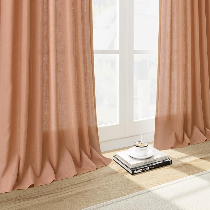 Nanspring Peach Quartz Linen Curtains 120 Inch Length 2 Panel Set Back Tab Loop