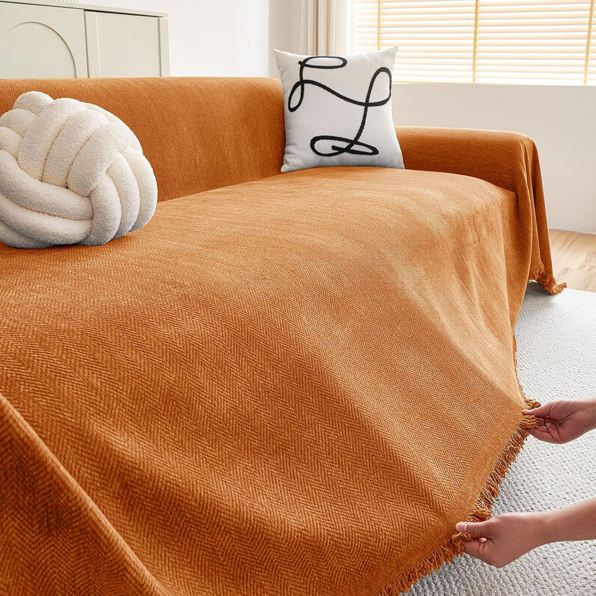 hyha Couch Cover for Dogs, Boho Sofa Covers for 3 Cushion Couch Washable, Chenille Sofa Slipcover for Pets, Soft Loveseat Sectional Couch Throw Blankets with Tassels (Orange, 71x150 Inch)