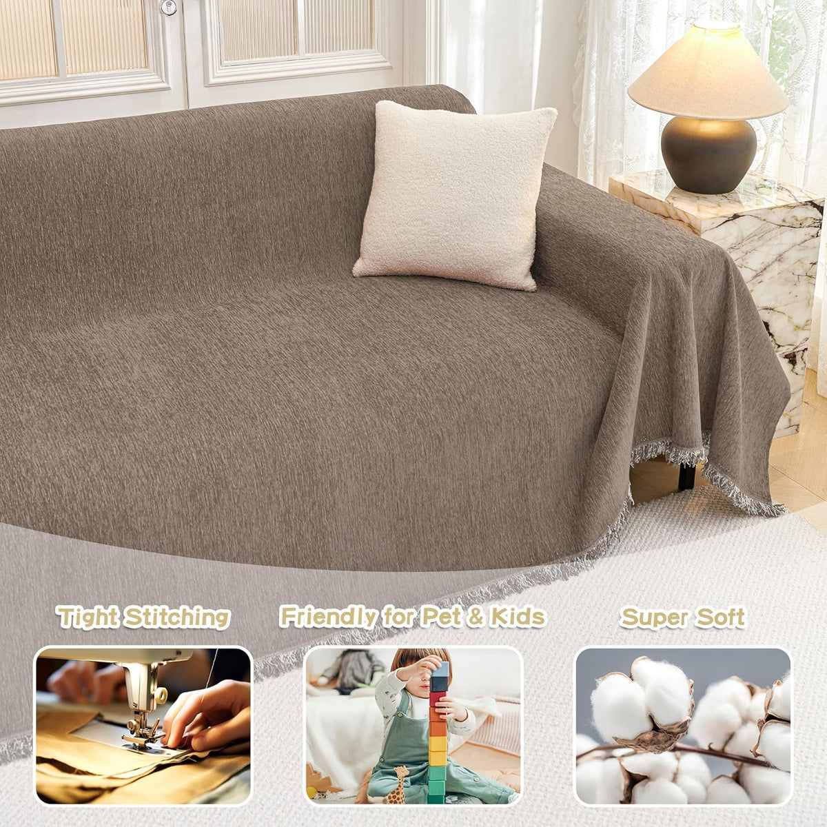 MYSKY HOME Couch Cover for Dogs, Washable Couch Covers, Non Slip Couch Sofa Cover, Couch Cover 2 Cushion Sofa Dogs Furniture Protector with Tassels Chenille Sofa Covers for Pets, 71"x118", Sand