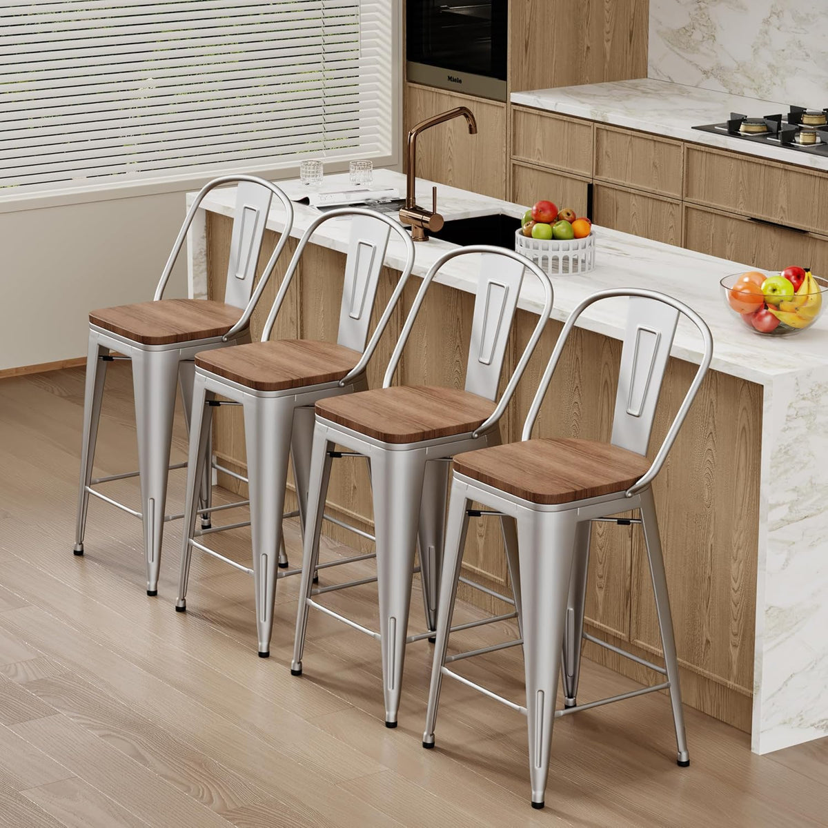 Changjie Furniture 30 Inches Metal Barstools Set of 4 Counter Height Bar Stools Industrial Stools with Backs High Back Chairs for Kitchen Island (30 Inch, Silver)