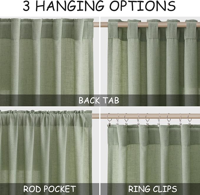 Sheer Light Sage Linen Curtains 72 Inch Length
