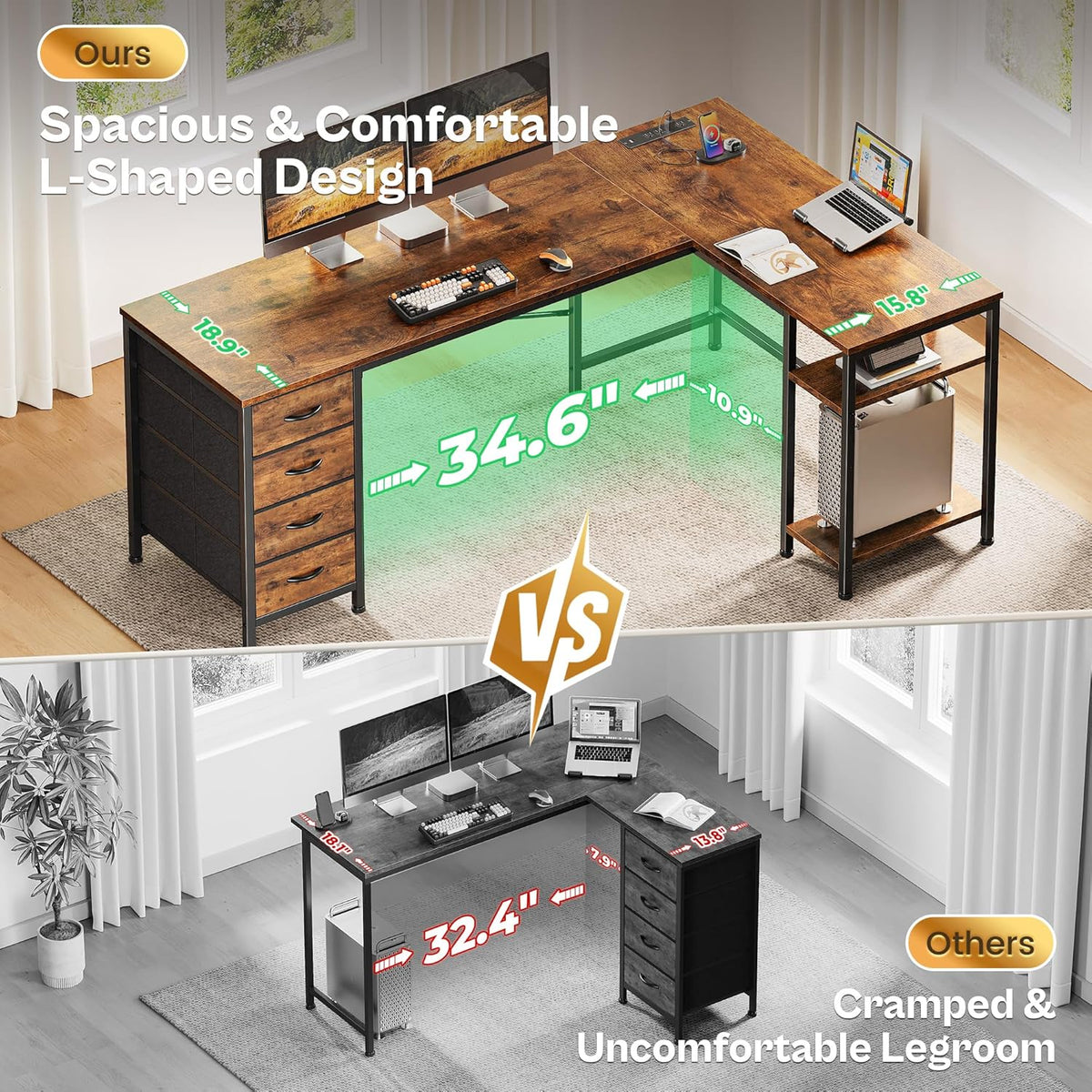 Huuger 63 Inch L Shaped Desk with Fabric Drawers, Computer Office Desk with Power Outlets and USB-C Port, Corner Desk with Storage Shelves, for Gaming Work Study Home Office, Reversible, Rustic Brown