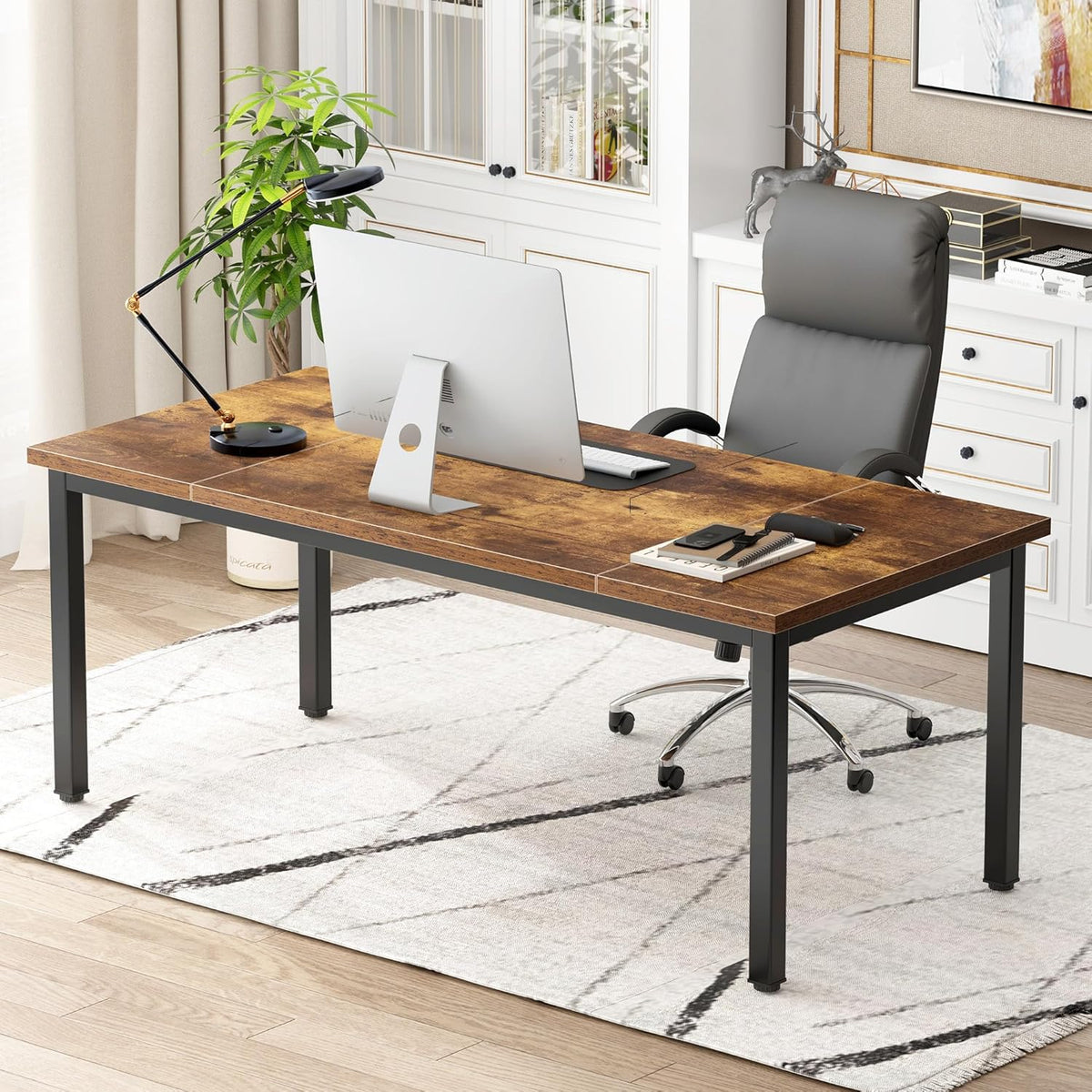 DlandHome Computer Desk, Large Executive Office Desk Computer Table Study Writing Workstation for Home Office,70.8 x 31.5 inch,Retro