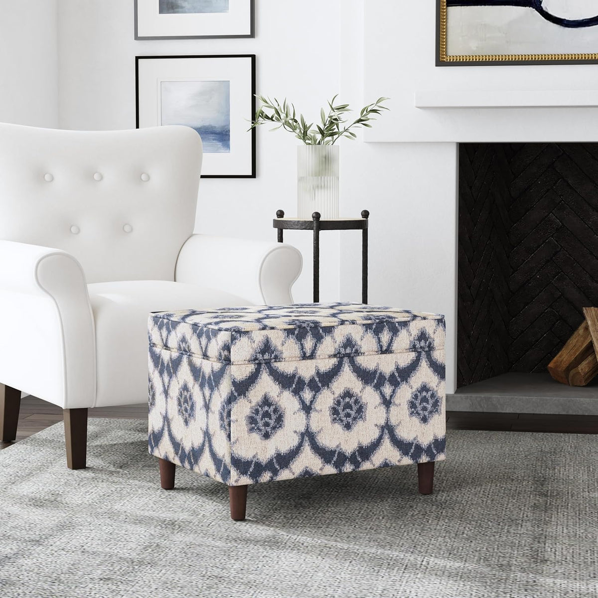 Home Decor | Dinah Collection Modern Storage Ottoman | Ottoman with Storage for Living Room & Bedroom(Blue Medallion Print)