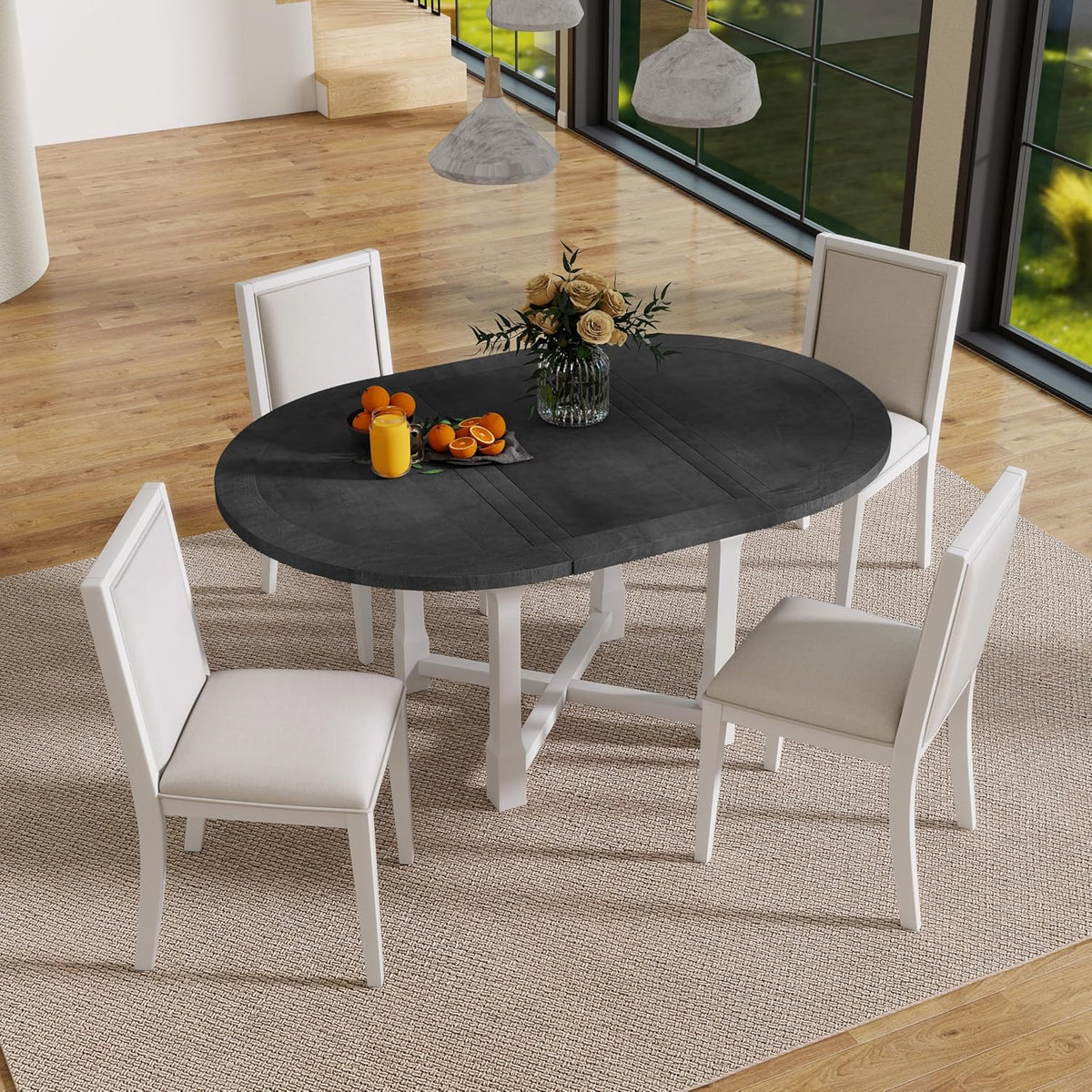 Ball & Cast 5 Pieces Dining Table Set with 4 Upholstered Chairs,Farmhouse Wooden Living Room Furniture for 4 W/ 57.7" Extendable Dining Table,for Dining Room,Bistro,Apartment,Grey+White