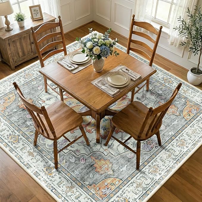 RELEANY Area Rugs Square 8ft Washable Non-Slip, Floral Vintage Distress Print