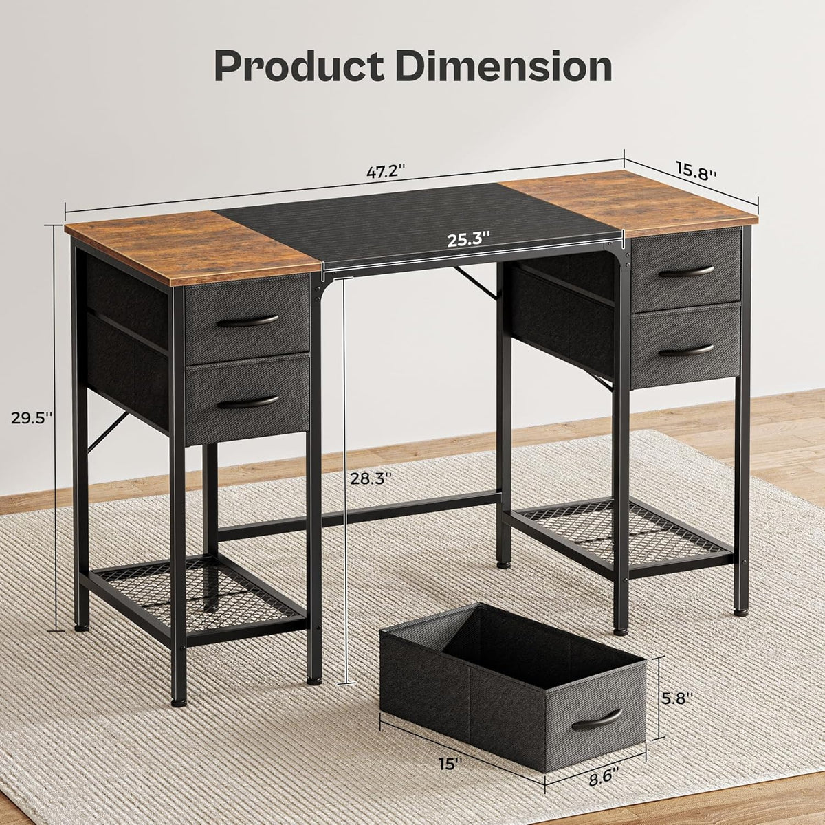 Huuger 47 Inch Computer Desk with 4 Drawers, Office Desk with Mesh Shelf, Gaming Desk, Large Storage, Writing Work Desk for Home Office, Study, Bedroom, Work from Home, Rustic Brown and Black