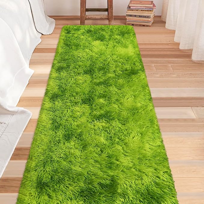 Tie-Dyed Runner Rug for Bedroom Green 2x8ft Fluffy Area Rug Bedside Runner Rug