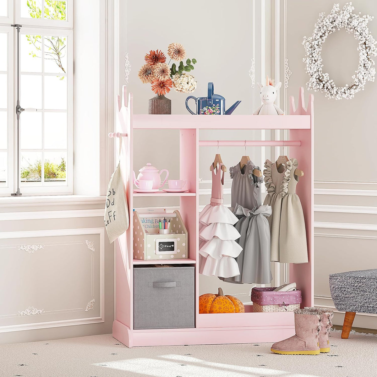 UTEX Kids Armoire Wardrobe Closet with Mirror and Storage Bin, Pink, 33.4 in W x 15.75 in D x 44.5 in H