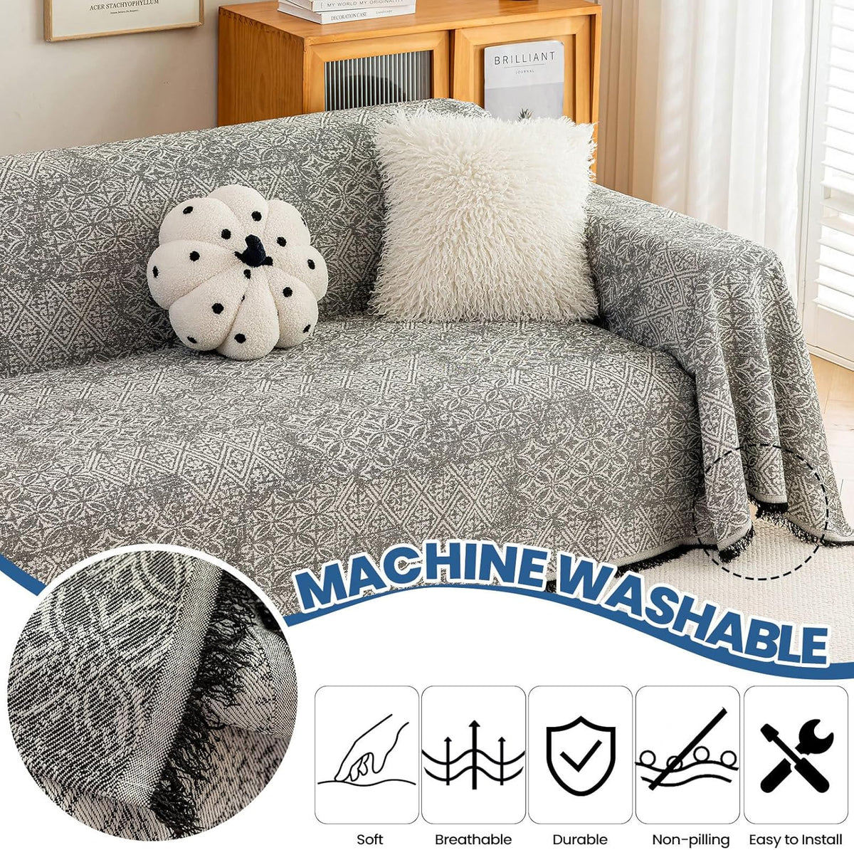 STACYPIK Geometric Pattern Sofa Cover Blanket, Black Couch Throw for Living Room, Couch Covers for Dogs, Washable Furniture Protector for 2 Cushion Sofa with Tassel, Anti-Slip Throw Cover-71X118IN