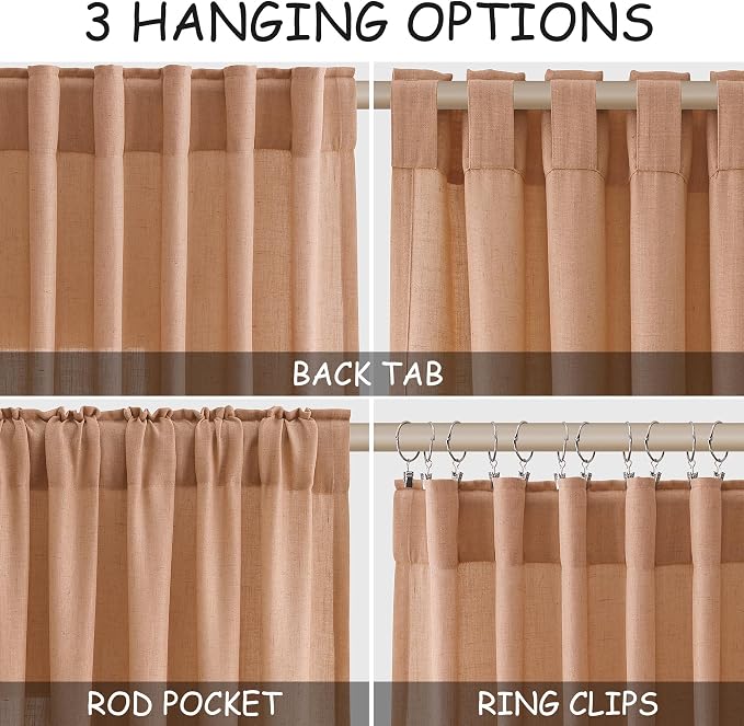 Nanspring Peach Quartz Linen Curtains 108 Inch Length 2 Panel Set Back Tab Loop
