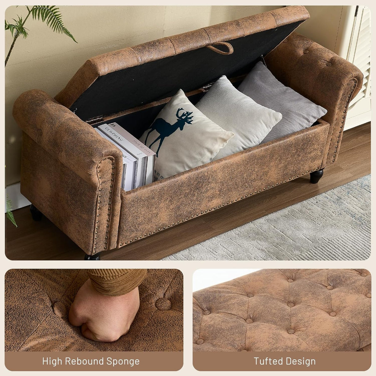 Furniliving 55” End of Bed Bench, Bedroom Bench with Button-Tufted, Large Upholstered Storage Ottoman Entryway Bench with Storage Shoe Cabinet Bench, for Bedroom, PU, Coffee