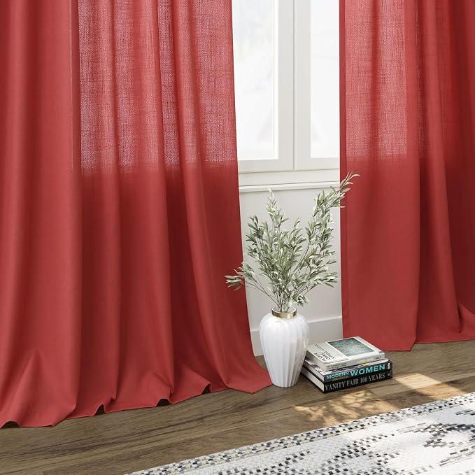 Christmas Red Linen Curtains 63 Inch Length