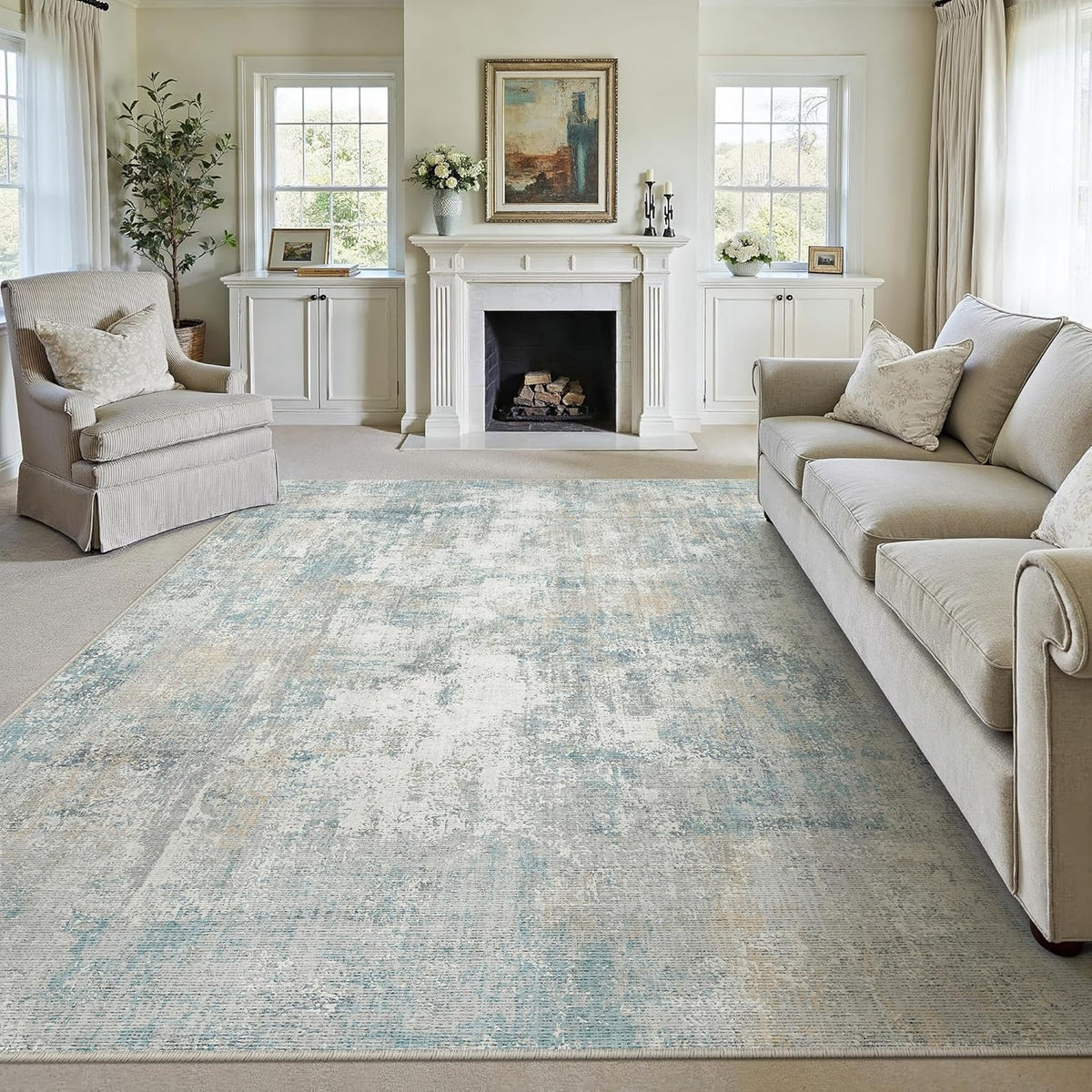 8x10 Washable Area Rug Blue Cream Modern Neutral Abstract Living Room Bedroom Indoor Floor Carpet Low Pile Soft Non-Slip Lightweight Vacuumable Large Throw Rug for Nursery Dining Room