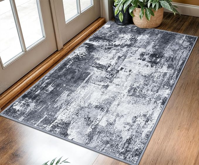 KOZYFLY Modern Abstract 3x5 Rug Gray Washable Rug Entry Rug, Soft Non-Slip