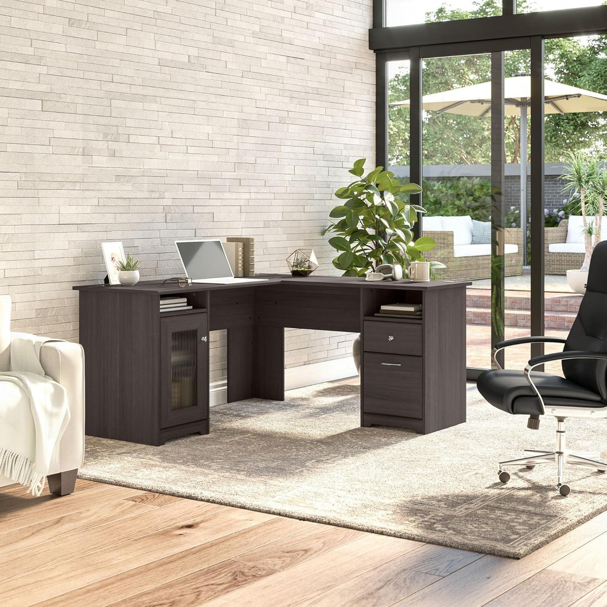 Bush Furniture Cabot L Shaped Computer Desk in Heather Gray | Corner Table with Drawers for Home Office