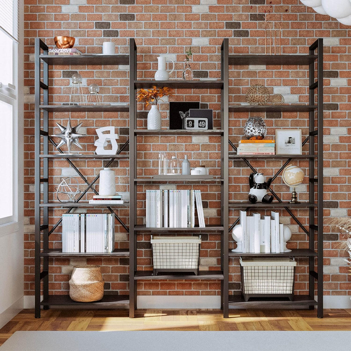 IRONCK Bookshelves 6 Tiers Triple Wide Industrial Bookshelf, Large Etagere Bookshelf Open Display Shelves with Metal Frame for Living Room Bedroom Home Office