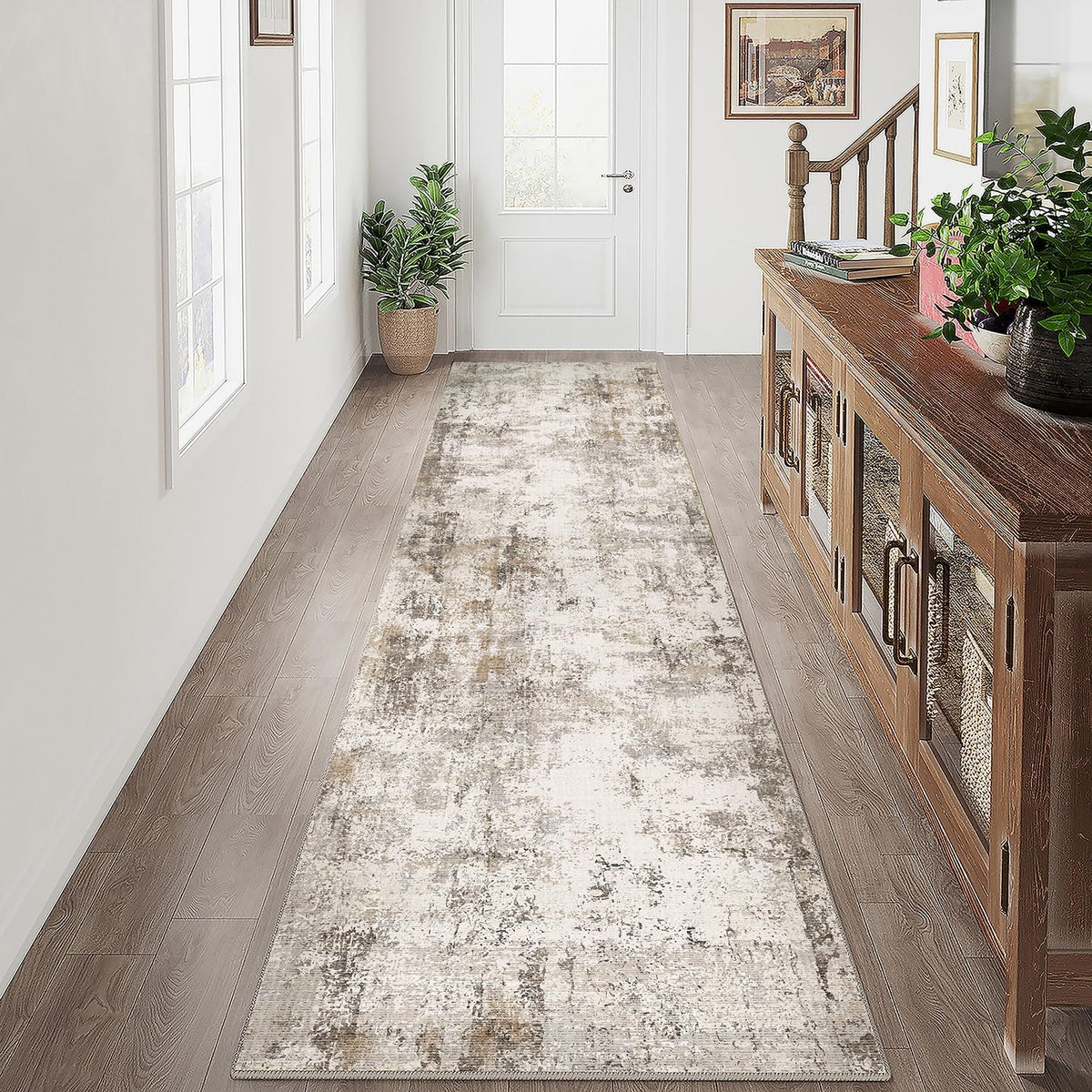2x12 Washable Runner Rug Brown Grey Neutral Abstract Hallway Kitchen Living Room Bedroom Non Slip Throw Rug Soft Low Pile Indoor Carpet for Entrance Laundry Bathroom