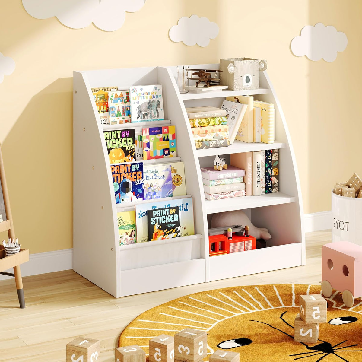 4 Tier Kids Bookshelf, 4 Layer Sling Kids Book Shelf for Kids Rooms,Wood Children Bookcase,Baby Storage Book Rack,Toddler Bookshelf, Book and Toy Organizer,Book Display Shelf for Bedroom, Nursery