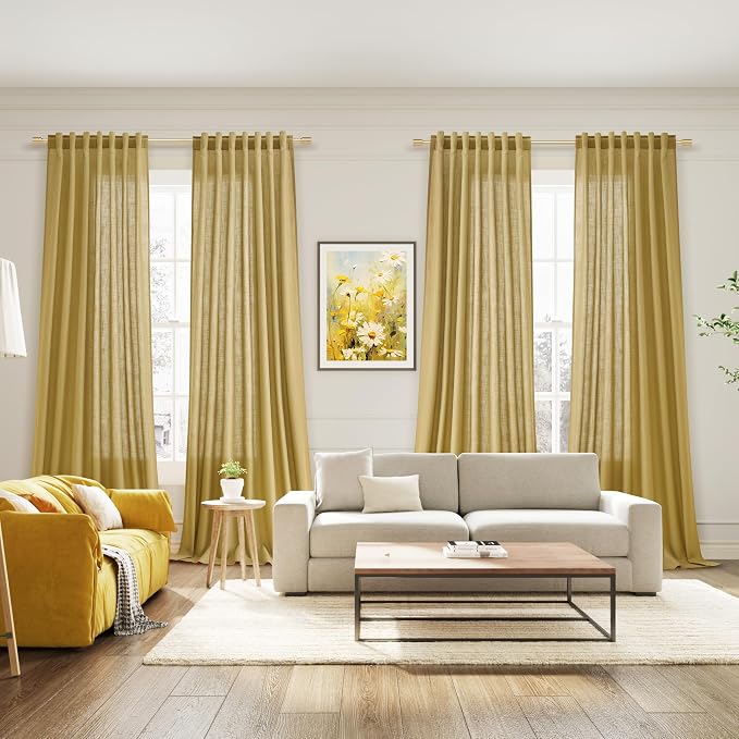 Nanspring Gold Linen Curtains 102 Inches Long Rod Pocket Back Tab Drapes 2