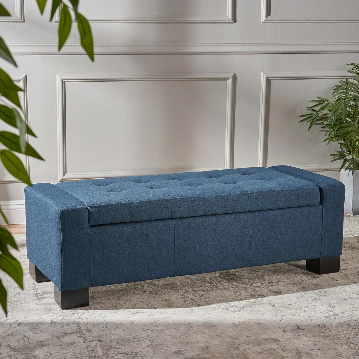 Ball & Cast 50.8" Upholstered Storage Ottoman with Tufted Waffle Stitch,End Bench w/Uses Pressure Hinges and Wood Legs,Entryway Fabric Footrest Stool for Living Room & Bedroom,Light Grey