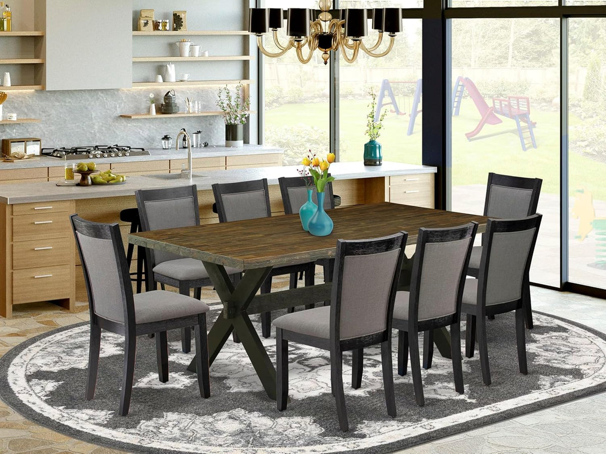 East West Furniture X677MZ650-9 9 Piece Dining Set Includes a Rectangle Dining Room Table with X-Legs and 8 Dark Gotham Grey Linen Fabric Upholstered Chairs, 40x72 Inch, Multi-Color