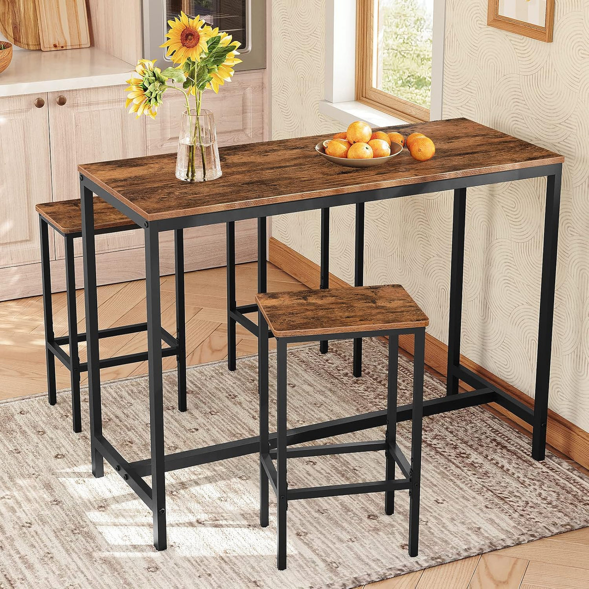 Bar Stools, Set of 2 Bar Chairs, Kitchen Breakfast Bar Stools with Footrest, 25.8" Dining Stools, Rectangular Industrial Bar Chairs, for Dining Room, Kitchen,Rustic Brown BAHR0101Z