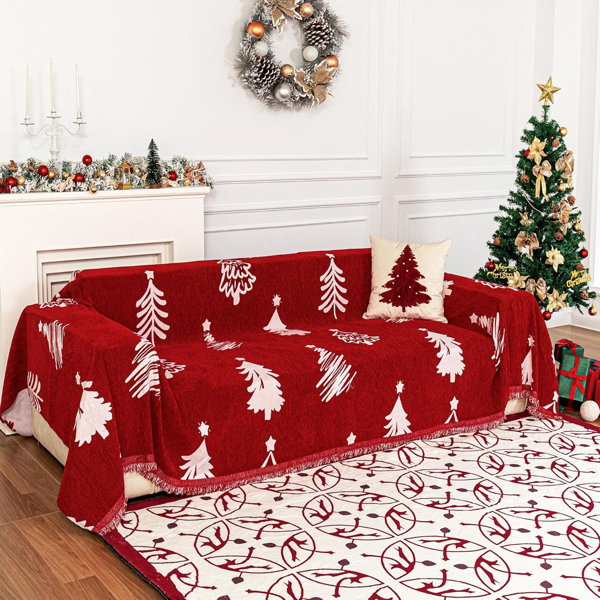 MYSKY HOME 71X134 inches Sofa Christmas Couch Cover, Sectional Sofa Covers Sofa Slipcover for 3 Cushion Couch, L Shape Couch Covers for Dogs, Kids, Washable Sofa Blanket, Furniture Protector, Red