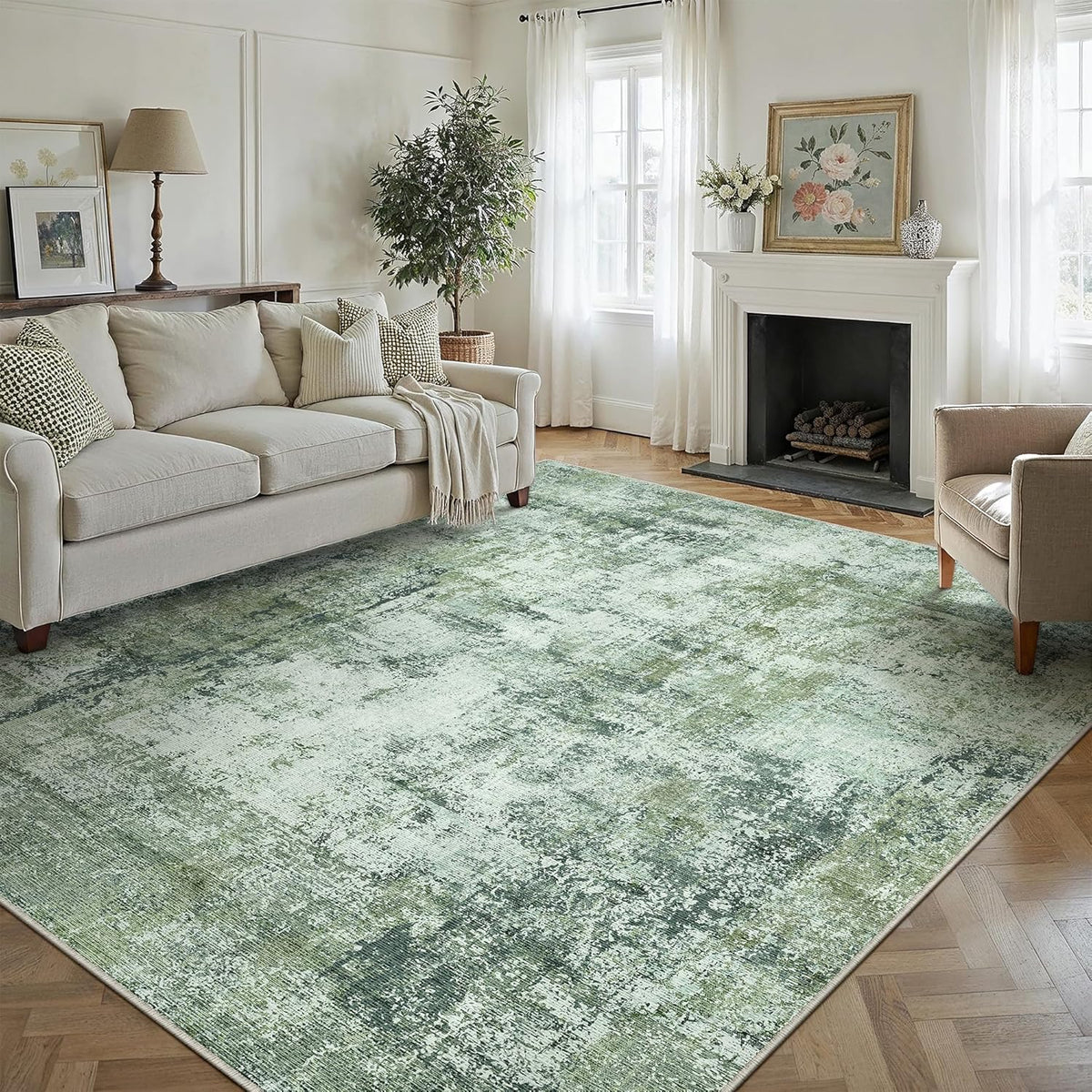 8x10 Washable Area Rug Dark Green Modern Neutral Abstract Living Room Bedroom Indoor Floor Carpet Low Pile Soft Non-Slip Lightweight Vacuumable Large Throw Rug for Nursery Dining Room